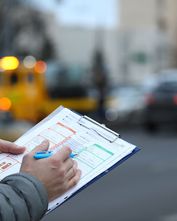 Police officer taking notes at accident scene.